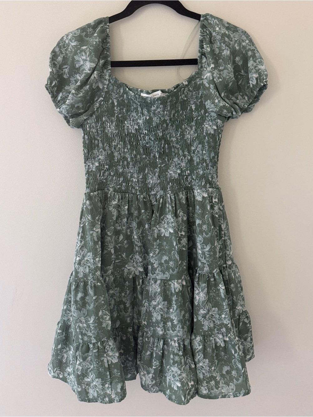 Altar’d State Smocked Puff Sleeve Floral Mini Dress in Sage Green Medium